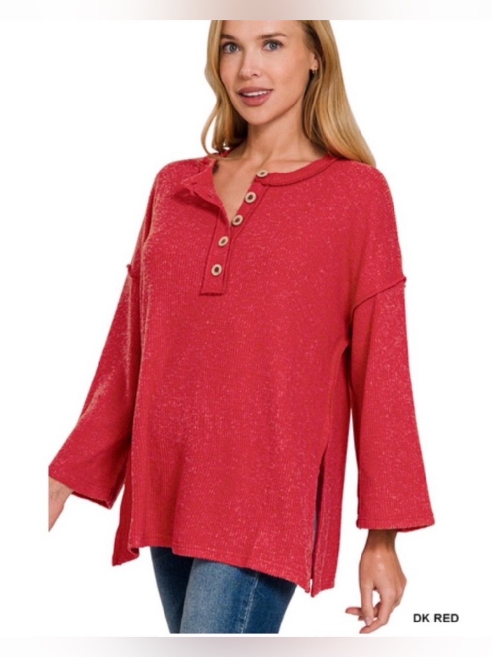 Zenana Outfitters Dark Red Henley Button Long Sleeve Top